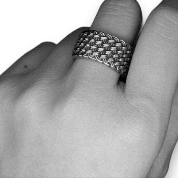 Silver Basket Weaved Stainless Steel Wide Band Ring NEW - Picture 1 of 4